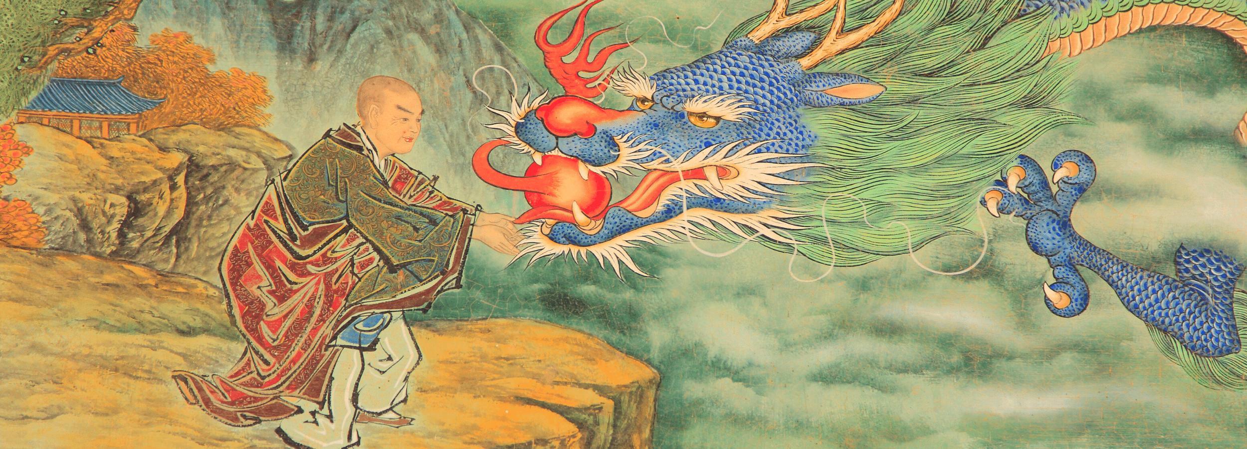 Antique Chinese painting of a dragon bringing a gift to a monk