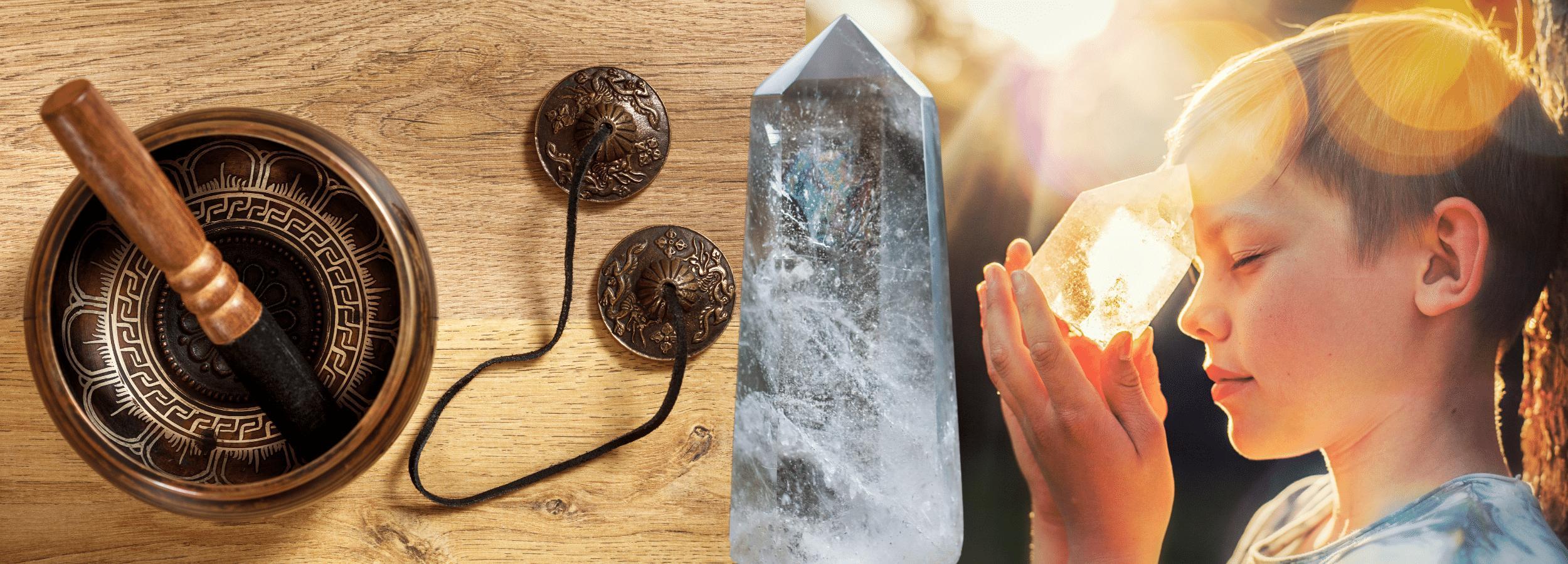 Tibetan bowl and tingshaws with quartz healing wand and cleansing crystal