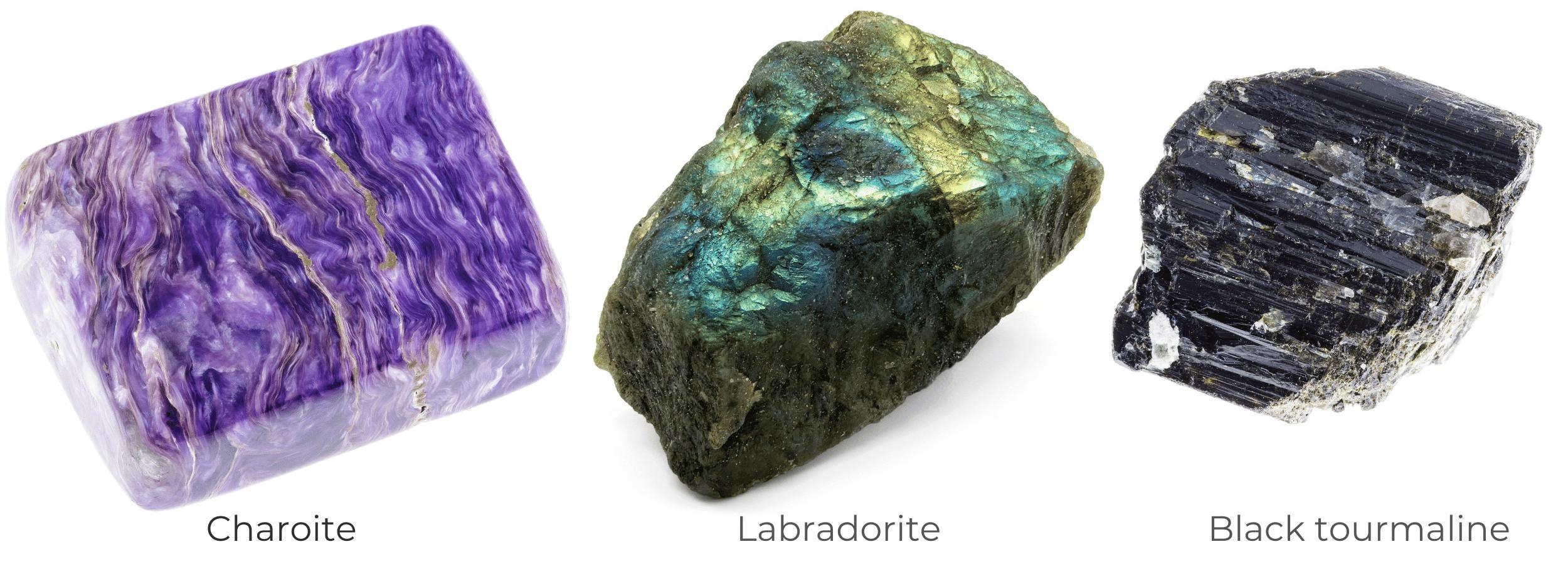 Charoite, labradorite and black tourmaline healing crystals