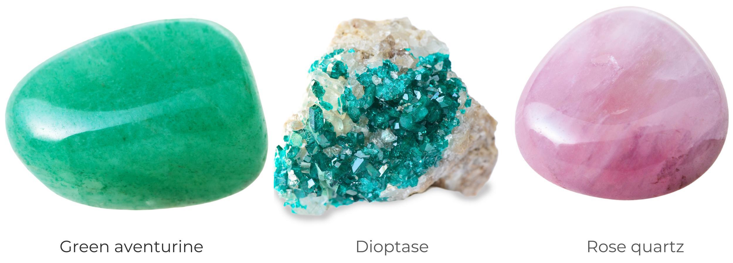 green aventurine, dioptase and rose quartz healing crystals