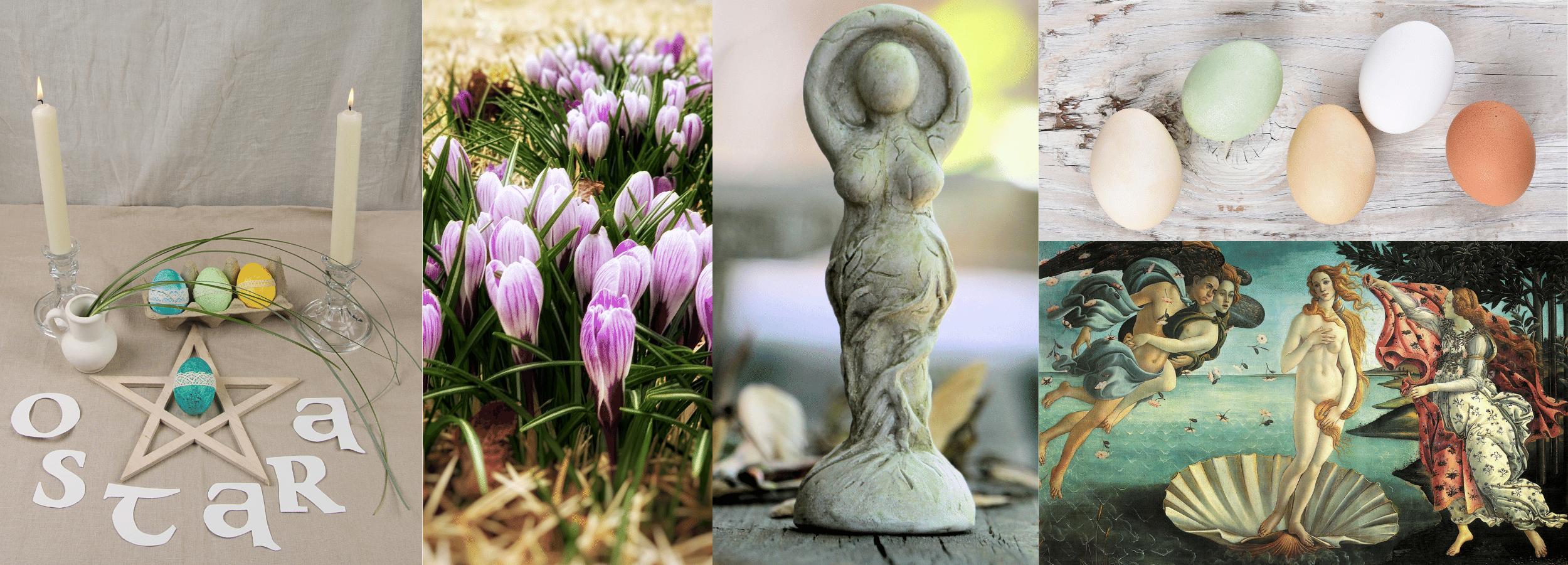 Ostara collage of pagan Spring Equinox altar, spring flowers, eggs and goddess statue