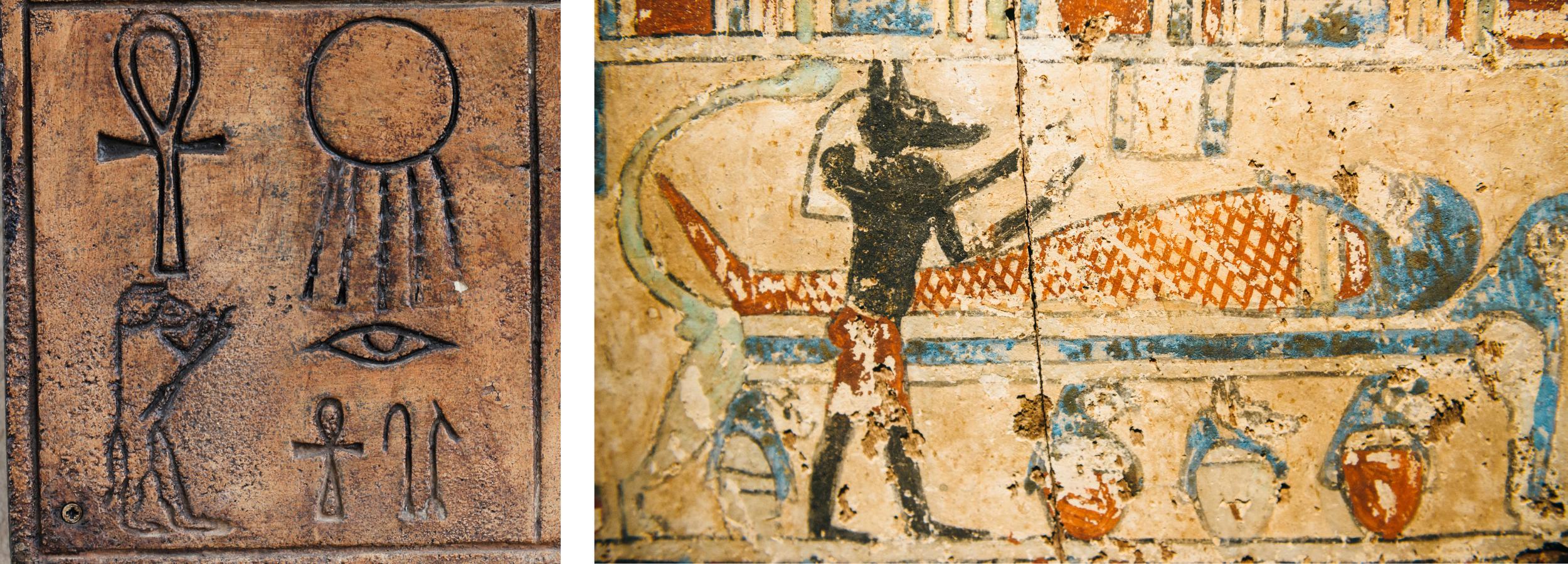 Hieroglyphs with key of life and a painting of a tomb wall