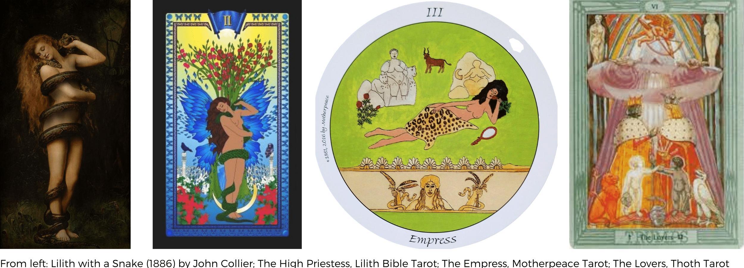 Tarot cards with Lilith, including Lilith Bible Tarot, Motherpeace Tarot and Thoth Tarot