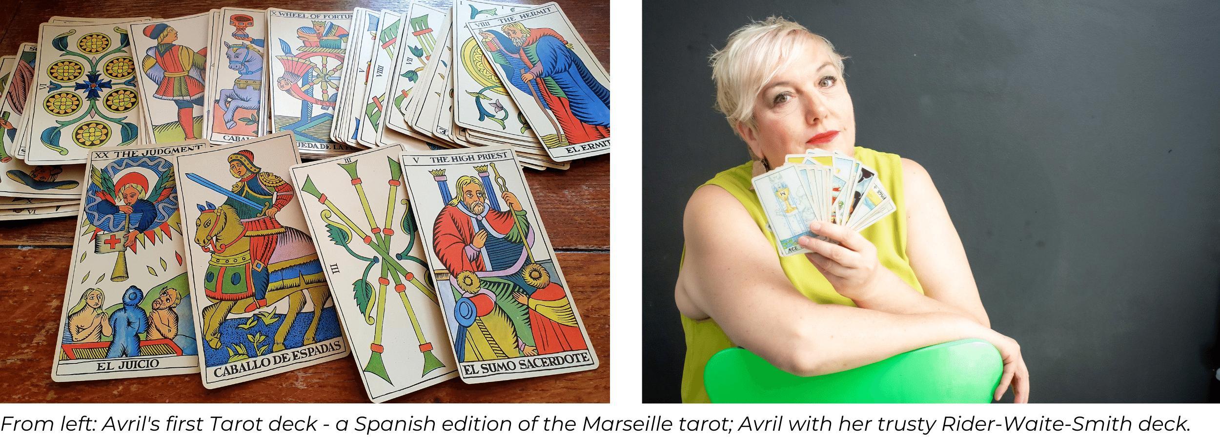 Avril Price with her first tarot deck, the Marseille tarot