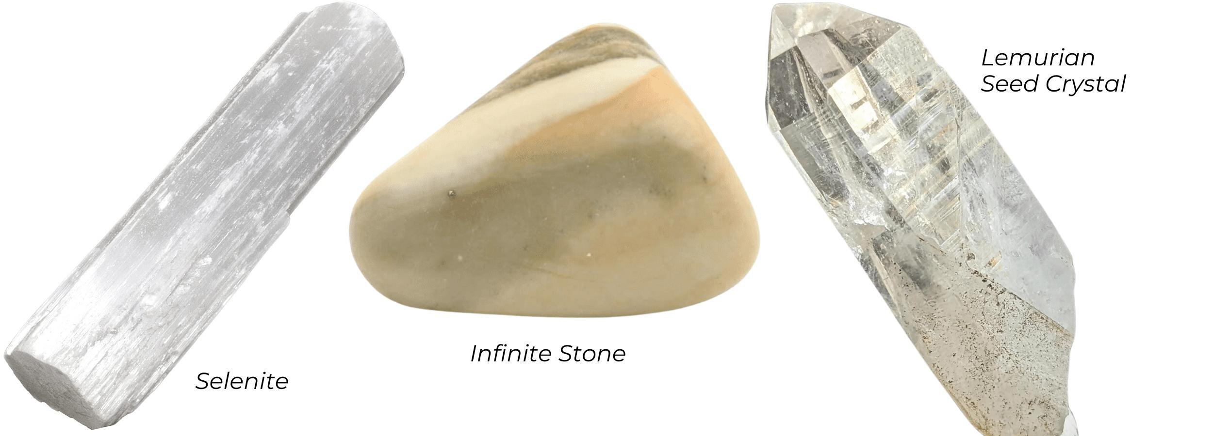 Selenite, Infinity Stone and Lemurian Seed Crystal: Good meditation crystals