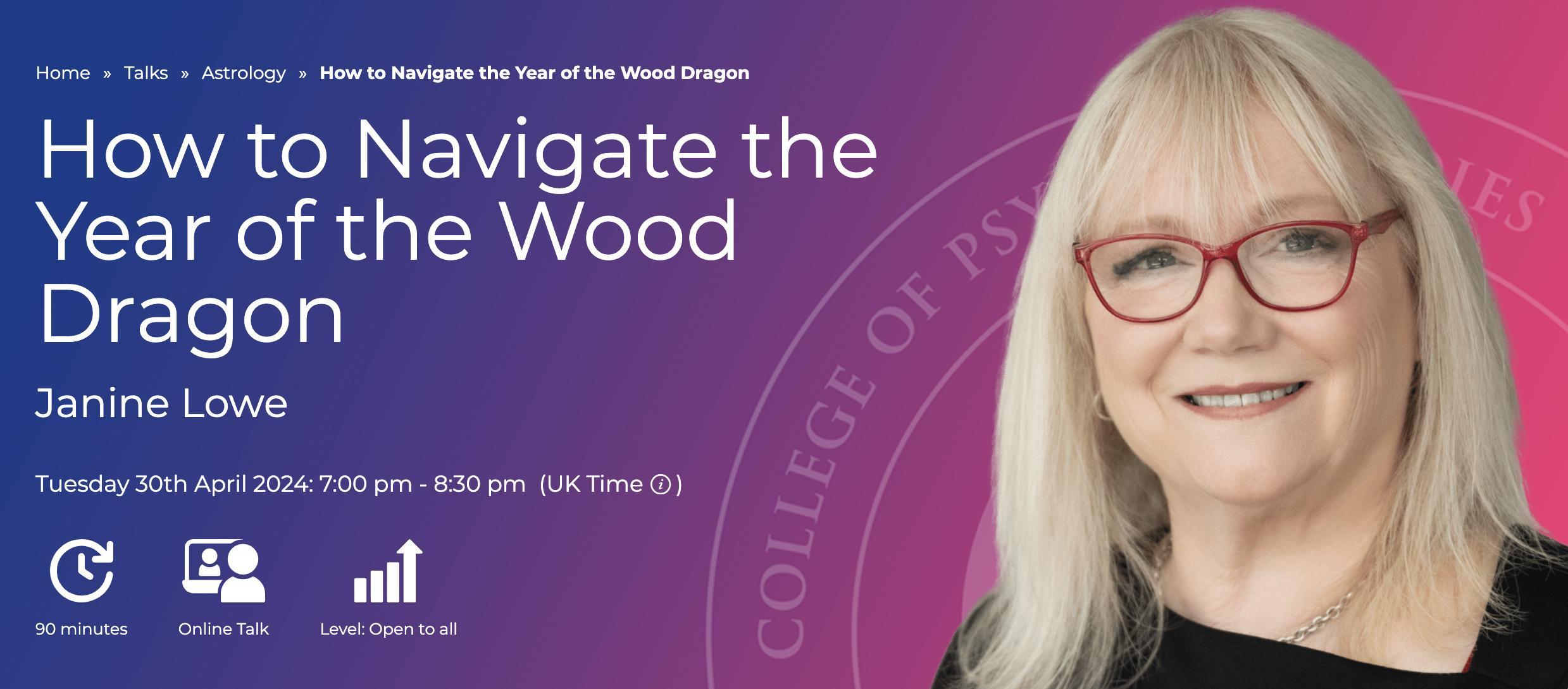 Banner to Janine Lowe's talk on the Year of the Wooden Dragon