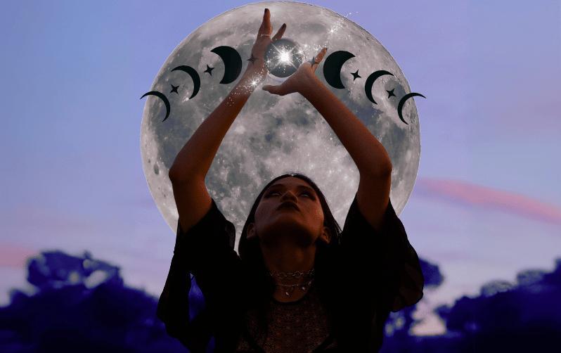 Illustration of a witch celebrating a Sabbat under the moonlight